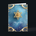 Eleganter Mazel Tov, 5 Zoll x 7 Zoll geklappte Gru Karte<br><div class="desc">Gold Star von David mit exquisiten Golddetails vor blauem Hintergrund; der Gruß ist "Mazel Tov" auf der Vorderseite. Das Innere wurde links,  damit Sie diese elegante Karte personalisieren können. Empfohlen für Hochzeiten,  Geburtstage,  Bar mitzvahs,  Fledermaus Mitzvahs,  und andere besondere Anlässe oder Feiertage.</div>