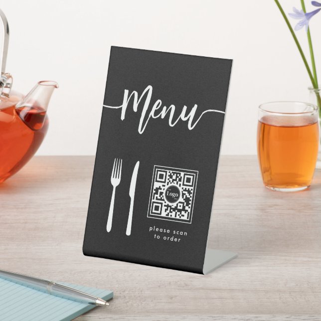 Eleganter Menu Script Knife & Fork QR Code Black Sockelschild (In SItu)