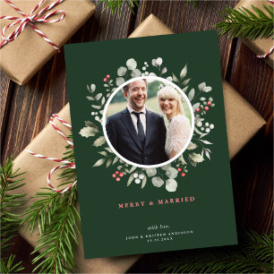 Eleganter Merry & Married Grünkränze Foto Feiertagskarte