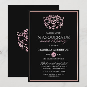 Eleganter Metallic Blush Pink Masquerade Sweet 16 Einladung