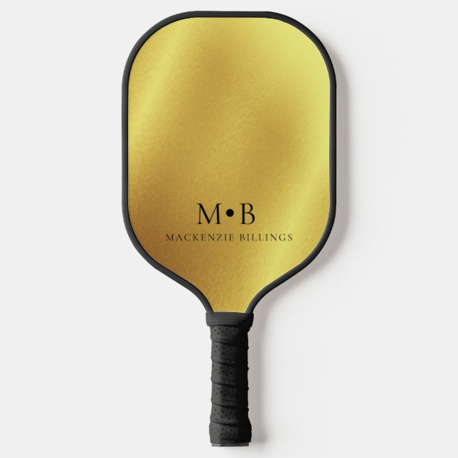 Eleganter Metallic Gold Einfache Monogrammname Pickleball Schläger (Vorderseite)