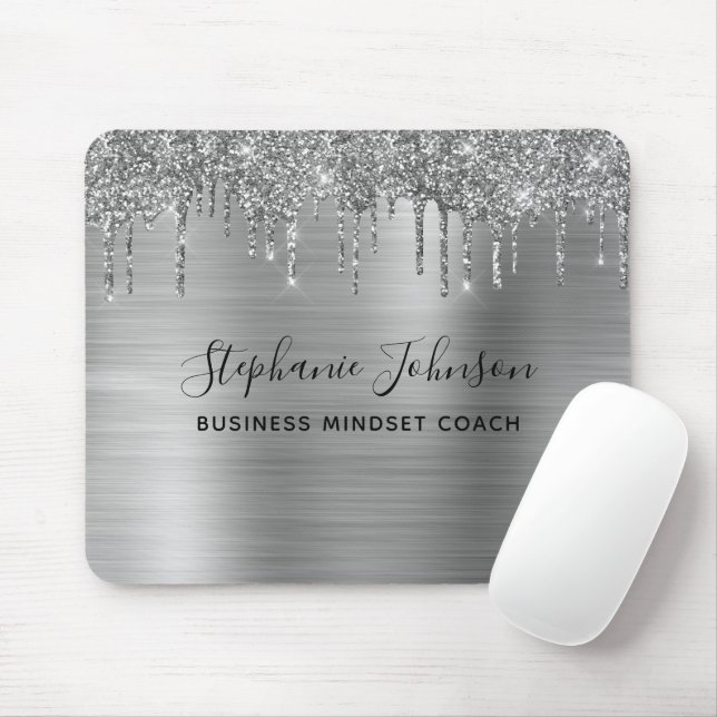 Eleganter Metallic Silver Funkelnd Glitzer Tropfen Mousepad (Mit Mouse)