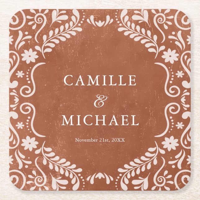 Eleganter mexikanischer Wedding Papel Picado Unter Rechteckiger Pappuntersetzer (Vorderseite)
