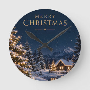 Eleganter Midnight Blue Weihnachts-Schneekiefernst Runde Wanduhr