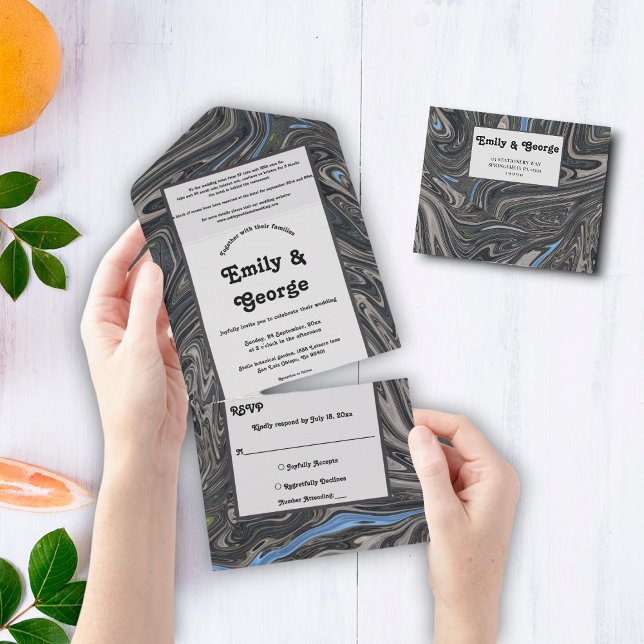 Eleganter Minimal Blue Gray Waves Abstrakt Hochzei All In One Einladung (Von Creator hochgeladen)