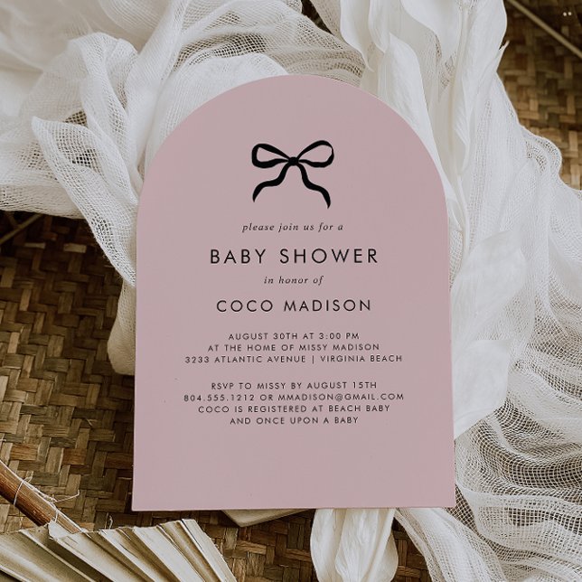 Eleganter Minimal Bow Babydusche Einladung (Modern Minimalist Blush Pink Baby Shower Invitation)