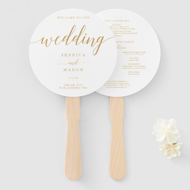 Eleganter Minimal Gold Round Wedding Hand Fan Fächer (Vorne und Hinten)