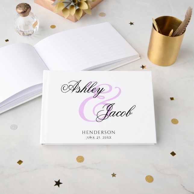 Eleganter Minimal Lila Individuelle Name Hochzeit Gästebuch (Vorderseite Offen)