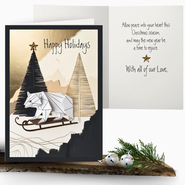 Eleganter Minimal Origami Holiday Bear Sled Forest Karte (Von Creator hochgeladen)