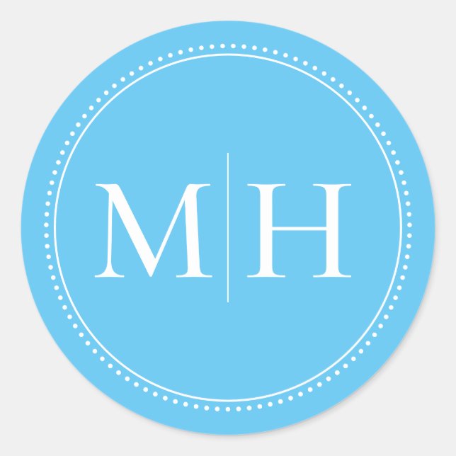 Eleganter Minimal Sky Blue Monogram Dotted Border Runder Aufkleber (Vorderseite)