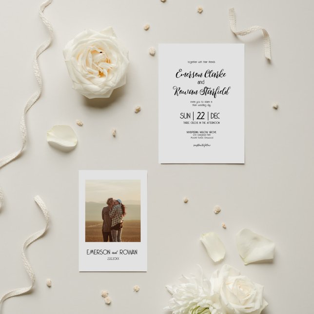 Eleganter Minimalist mit Foto bearbeitbaren Hochze Einladung (Minimalist Wedding invite with customisable Text and Picture of the Couple on the Back)