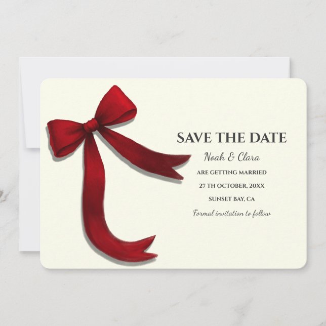 Eleganter Minimalist mit roter Schleife - Einfache Save The Date (Vorderseite)