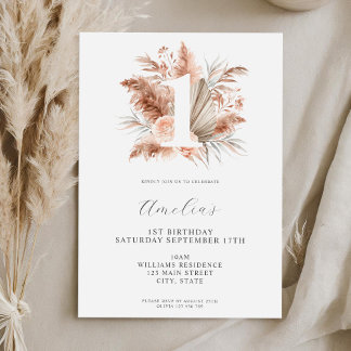 Eleganter Minimalistisch Boho Floral 1. Geburtstag Einladung