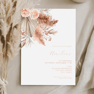Eleganter Minimalistisch Boho Floral 1. Geburtstag Einladung