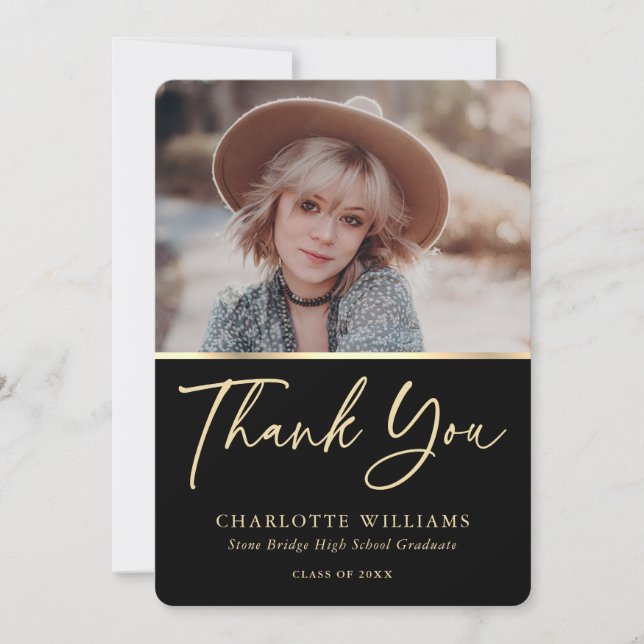 Eleganter Minimalistischer Black and Gold Foto Abs Dankeskarte (Vorderseite)