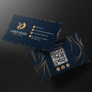 Eleganter minimalistischer blauer Gold-Friseur-QR- Visitenkarte