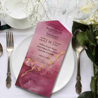 Eleganter Minimalistischer Burgund Gold Wasserfarb All In One Einladung