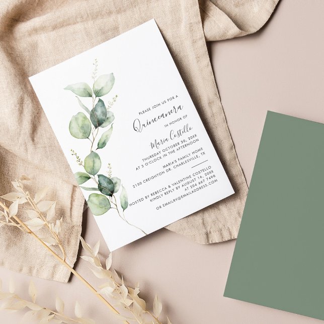 Eleganter Minimalistischer Eukalyptus Quinceanera Einladung (Quinceanera 15th Birthday Party Eucalyptus Invitation Front and Back)
