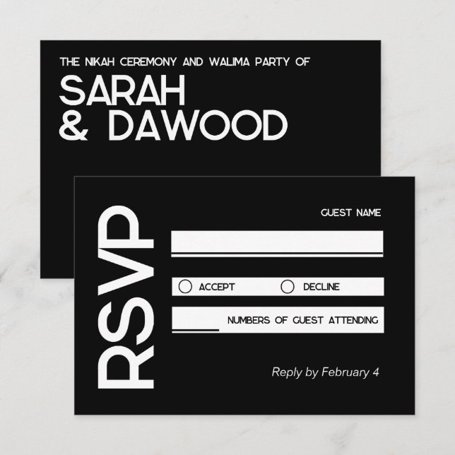 Eleganter Minimalistischer muslimischer Schwarz-we RSVP Karte (Vorne/Hinten)