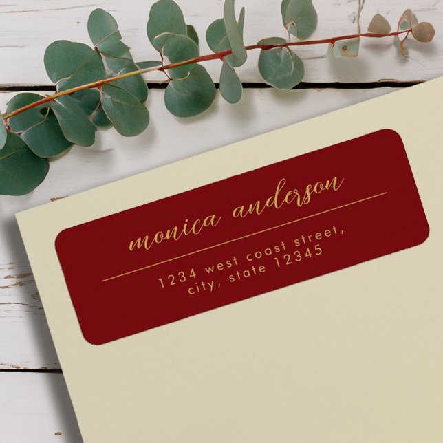 Eleganter Minimalistischer Name des Skripts in Red (Elegant Red Gold Minimalist Script Name Label)