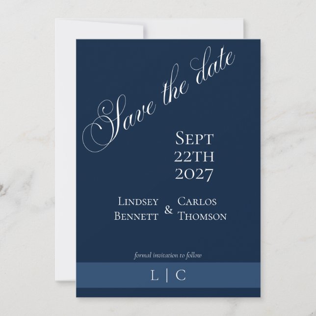 Eleganter minimalistischer Navyblauer Save The Date (Vorderseite)