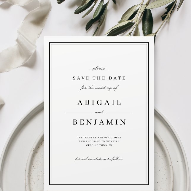 Eleganter minimalistischer Schwarz-Weiß-Stil Save  Save The Date (Elegant black and white minimalist save the date)