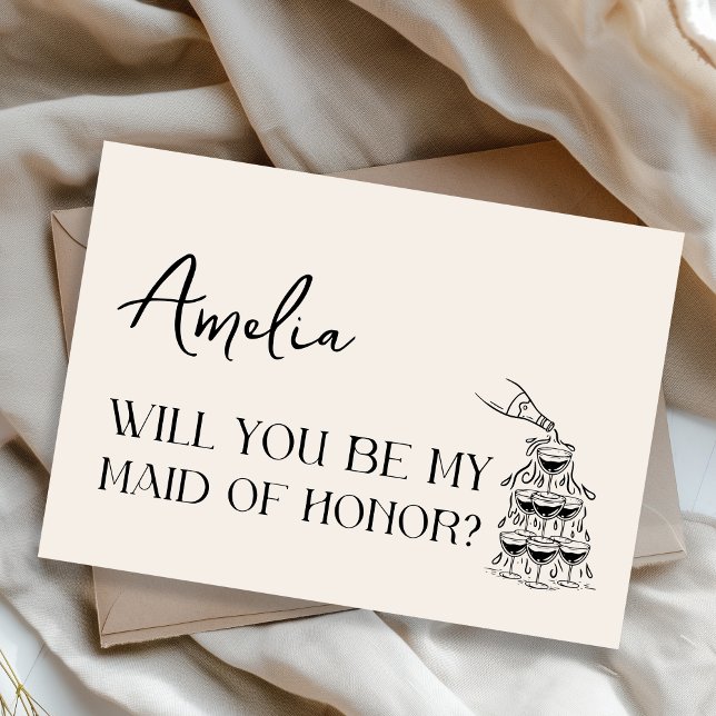 Eleganter Minimalistischer Vorschlag für moderne T Karte (Thoughtfully designed maid of honor proposal card with a stylish champagne tower illustration.)