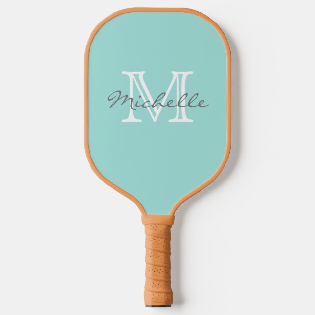 Eleganter Minimalname und Monogram Aqua Pickleball Schläger (Vorderseite)