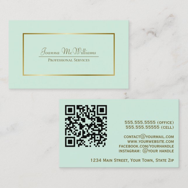 Eleganter Mint Green & Gold Beruflich QR Code Visitenkarte (Vorne/Hinten)