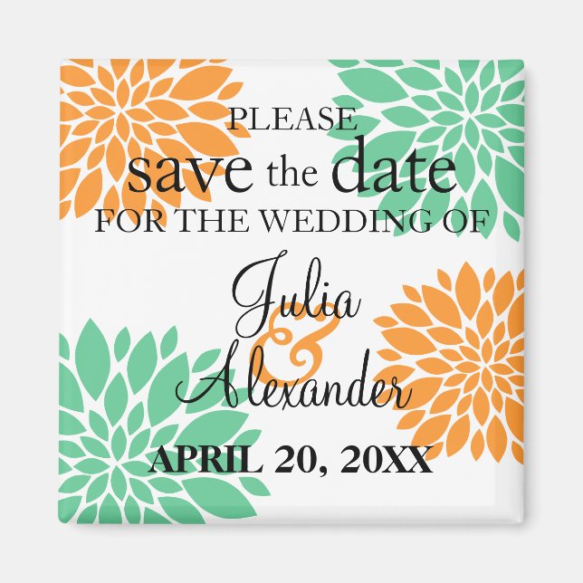 Eleganter Mint Orange Bloral Burst Save the Date Magnet (Vorne)
