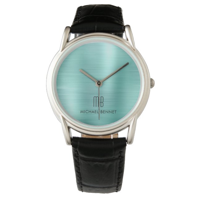 Eleganter Mit Monogramm, Aquamarin-grüner Brushed- Armbanduhr (Vorderseite)