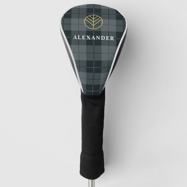 Eleganter Mit Monogramm Black and Gold Tartan Golf Headcover (Vorderseite)