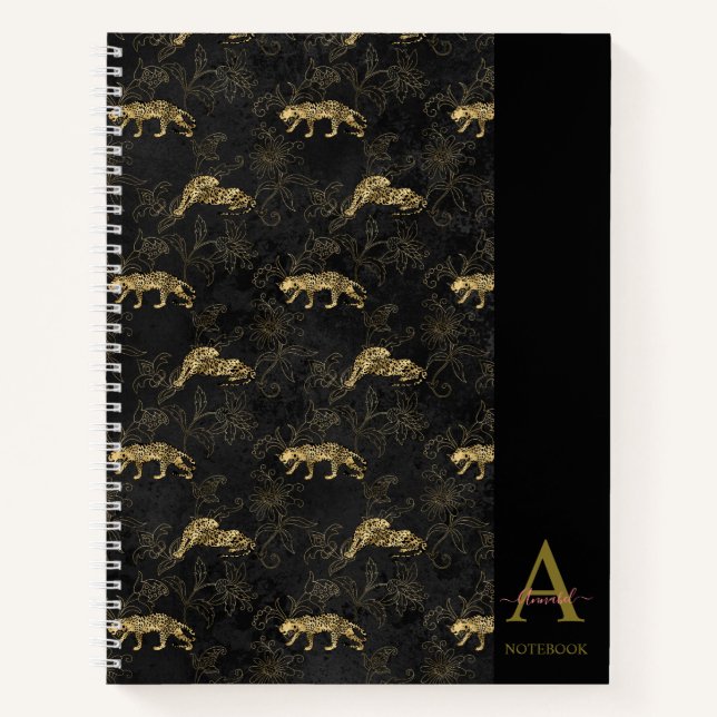 Eleganter Mit Monogramm Black Leopard Notizbuch (Vorderseite)