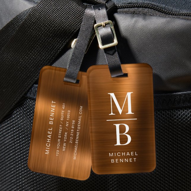 Eleganter Mit Monogramm Kupfer-Bürstenmetall Gepäckanhänger (Elegant Monogrammed Copper Brushed Metallic Luggage Tag)