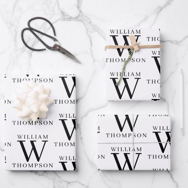 Eleganter Mit Monogramm Name Schwarz/Weiß Geschenkpapier Set (Vorderseite)