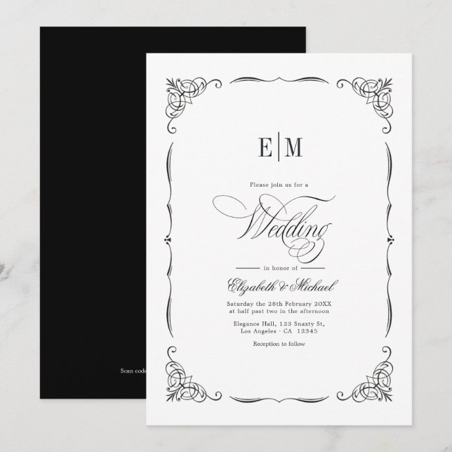 Eleganter Mit Monogramm QR-Code für Schwarzweiß-Ho Einladung (Vorne/Hinten)