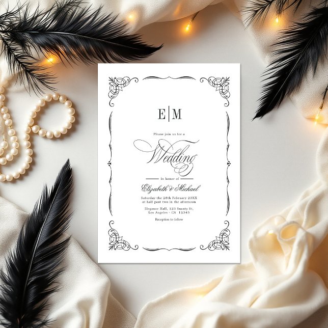 Eleganter Mit Monogramm QR-Code für Schwarzweiß-Ho Einladung (Elegant Monogrammed Black & White Wedding QR Code Invitation)