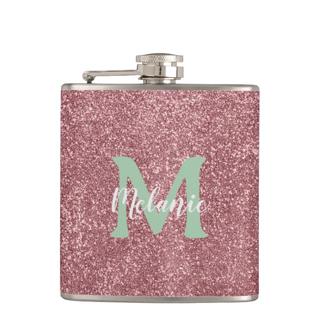 Eleganter Mit Monogramm rosa Glitzer Flachmann (Vorderseite)