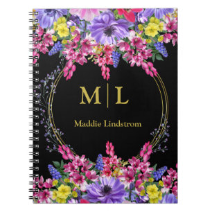Eleganter Mit Monogramm Schwarzer Multicolor-Blume Notizblock