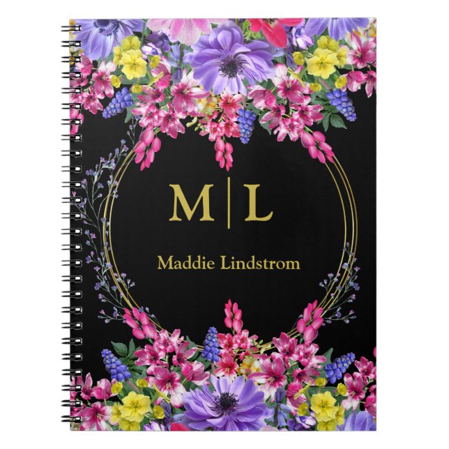 Eleganter Mit Monogramm Schwarzer Multicolor-Blume Notizblock (Vorderseite)