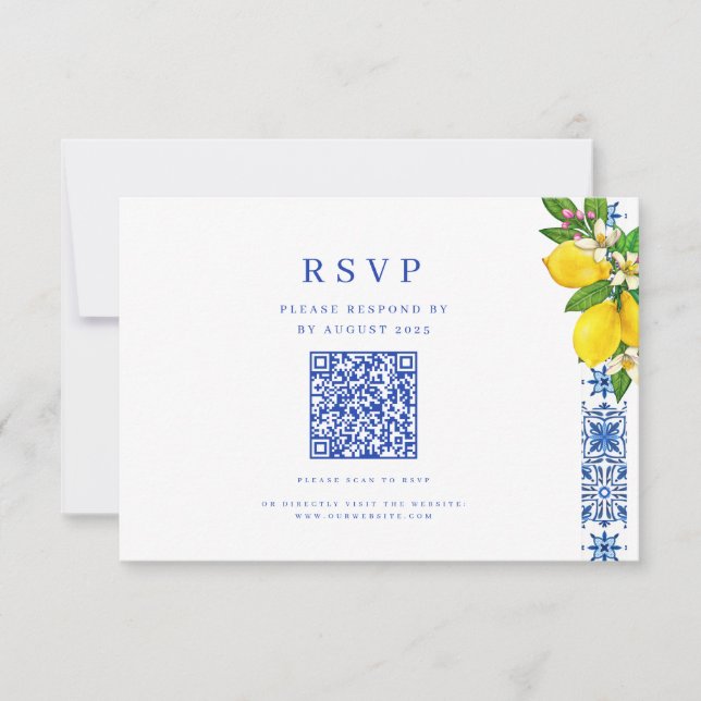 Eleganter Mittelmeerlemon und Blue Wedding QR RSVP Karte (Vorderseite)