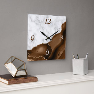 Eleganter Mocha-Brauner Achat-Gold-Glitter-Marmor Quadratische Wanduhr
