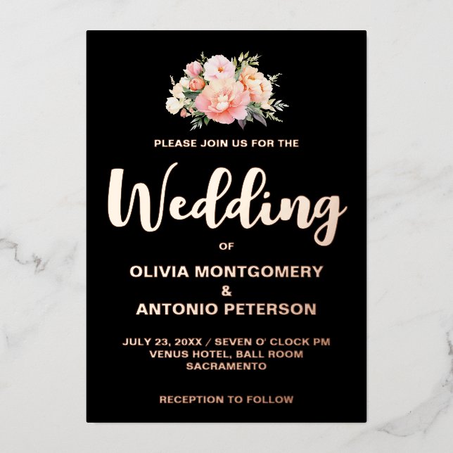 Eleganter Modern Light Pink Peony Black Wedding Fo Folieneinladung (Vorderseite)