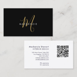 Eleganter moderner Black-Gold-Script-Monogram QR-C Visitenkarte