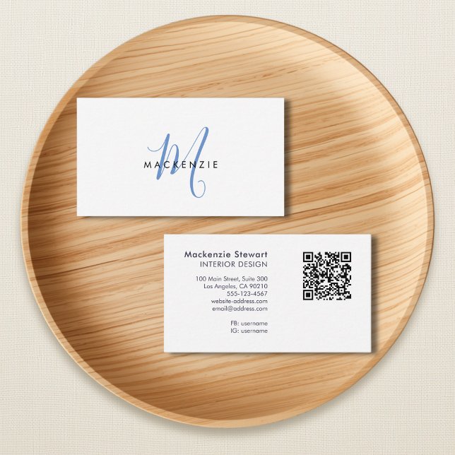 Eleganter moderner blauer Schriftmonogramm-QR-Code Visitenkarte (Von Creator hochgeladen)