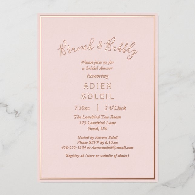 Eleganter, moderner Blush Rose Gold Brunch und Bub Folieneinladung (Vorderseite)