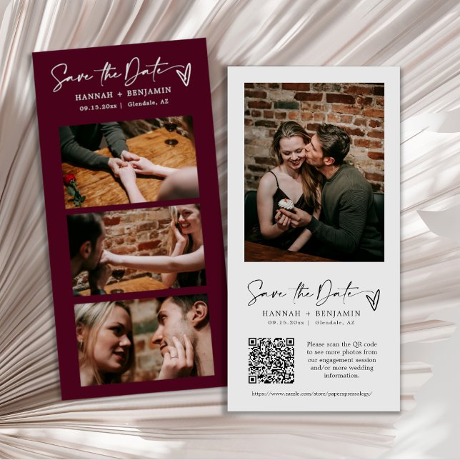 Eleganter, moderner Burgund-Foto-Stand QR-Code Save The Date (Von Creator hochgeladen)