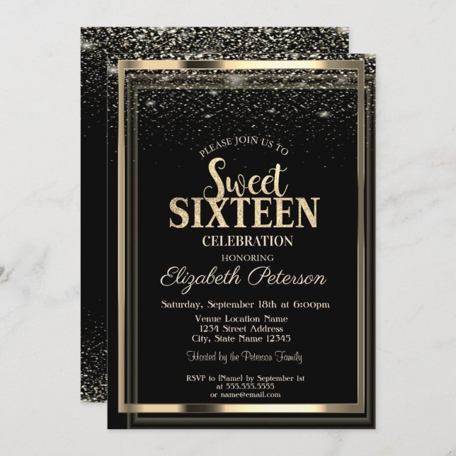 Eleganter moderner Confetti Gold Frame Sweet 16 Einladung (Vorne/Hinten)