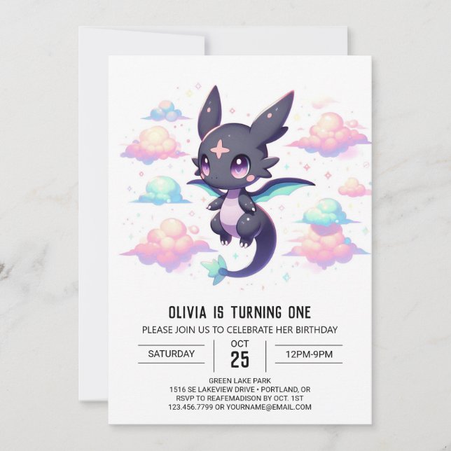 Eleganter moderner Drache 1. Geburtstag Einladung (Vorderseite)