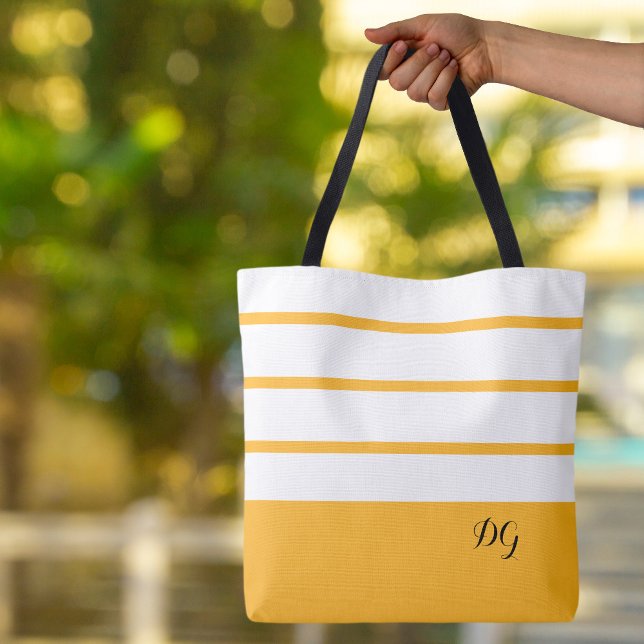 Eleganter moderner, feiner Streifen Monogram, Gelb (Elegant Modern Bold Stripes  Monogrammed Yellow Black & White Canvas Shopping Shoulder Tote Bag
)